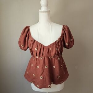 Rust Floral Puff Sleeve Peasant Blouse
